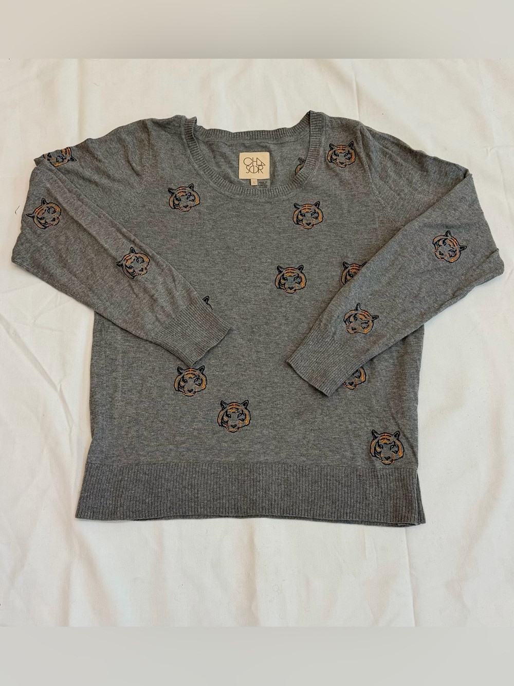 Chaser Cotton & Cashmere Crewneck Tiger Sweater Heathered Gray Women’s Size L